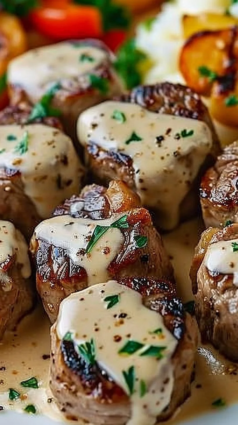 Garlic Butter Steak Bites with a Rich Parmesan Cream Sauce 3 Plate of Garlic Butter Steak Bites with rich Parmesan cream sauce