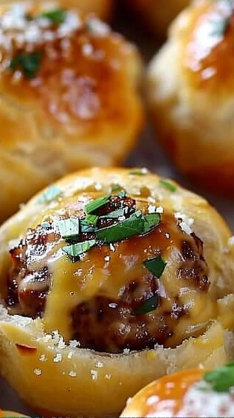 Garlic Parmesan Cheeseburger Bombs Recipe 3 Garlic Parmesan Cheeseburger Bombs served on a plate with dipping sauce