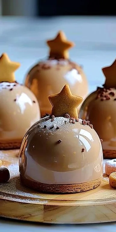 Gingerbread Latte Mousse Domes decorated with festive toppings