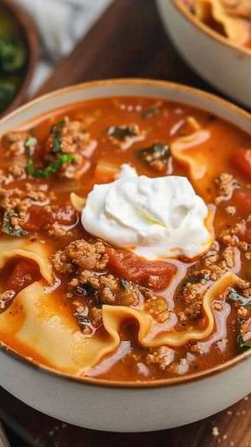 Gluten Free Lasagna Soup (Dairy Free) 2 A bowl of gluten-free lasagna soup topped with fresh herbs and cheese