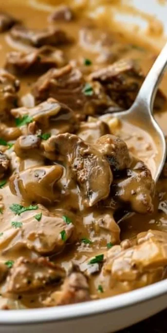 Gordon Ramsay's Beef Stroganoff served with mushrooms and creamy sauce