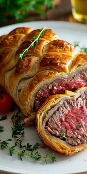 Gordon Ramsay's Beef Wellington dish, showcasing perfectly cooked beef wrapped in pastry.