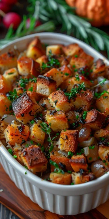 Grandma's Thanksgiving Stuffing Recipe 3 Grandma's Thanksgiving stuffing recipe with herbs and bread in a baking dish