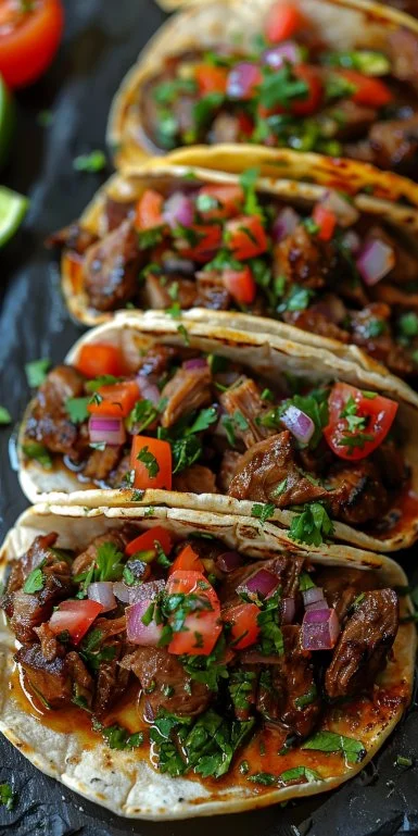 Grilled Beef Mexican Street Tacos 3 Delicious grilled beef tacos served on a vibrant plate with fresh toppings.
