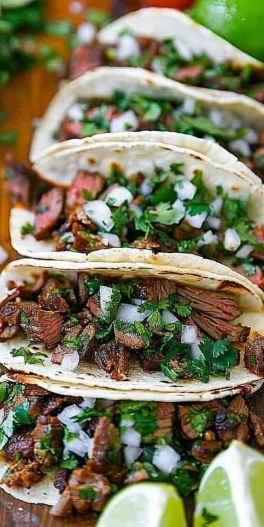Grilled Beef Tacos 3 A plate of grilled beef tacos topped with fresh ingredients and salsa