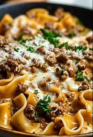 Delicious plate of Ground Beef Stroganoff with noodles and savory sauce
