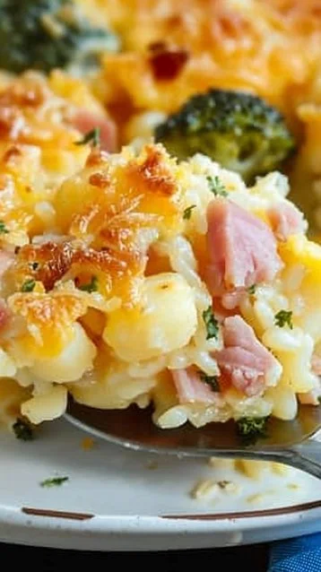 Delicious ham casserole baked with cheese and vegetables.