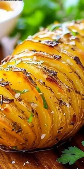 Hasselback Potatoes 3 Delicious Hasselback Potatoes garnished with herbs and butter