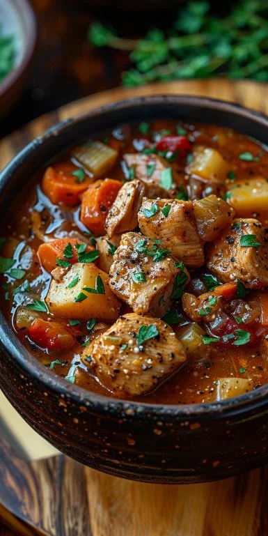 Hearty Slow Cooker Chicken Stew 3 Bowl of hearty slow cooker chicken stew with vegetables and herbs