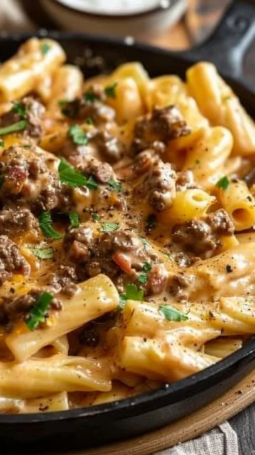 Delicious creamy beef pasta dish served in a bowl for a weeknight dinner
