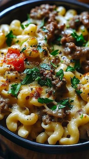 Creamy Philly cheesesteak mac and cheese in a serving dish with toppings