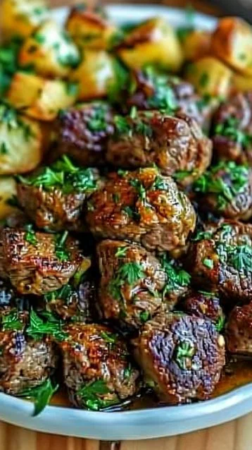 High Protein Slow Cooker Garlic Butter Beef Bites 3 Delicious slow cooker garlic butter beef bites served on a plate