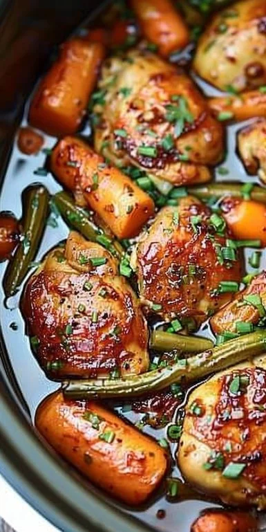 Delicious Honey Garlic Chicken cooked in a crockpot, served with rice and vegetables.