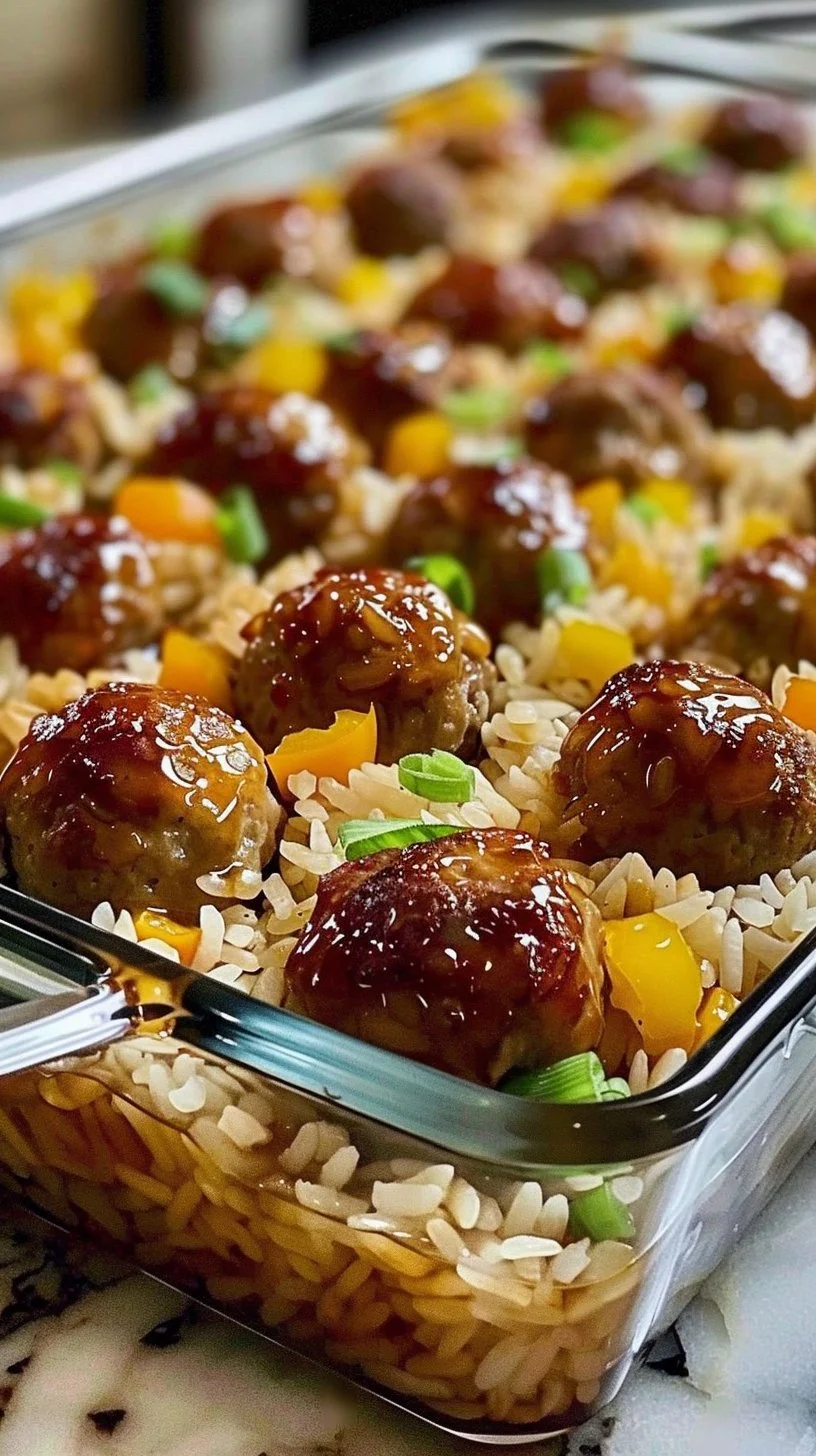 Delicious Honey Garlic Meatball Rice Bake served in a casserole dish