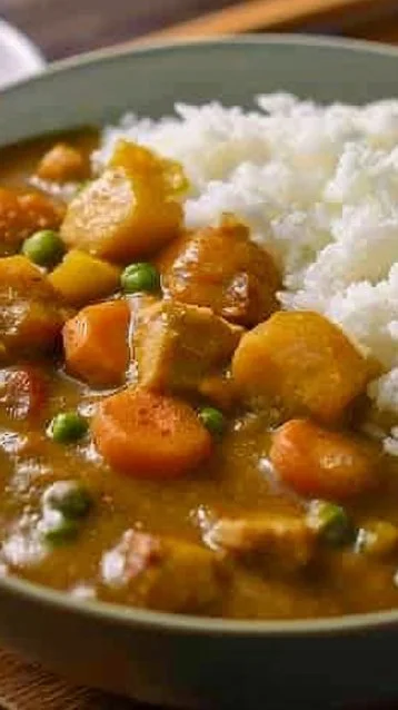 Delicious plate of Japanese curry served over rice with vibrant vegetables.