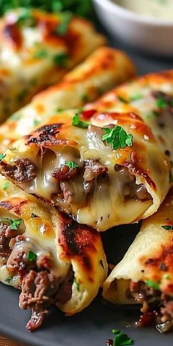 Keto Philly Cheesesteak Rolls 3 Keto Philly Cheesesteak Rolls served on a plate with melted cheese and peppers