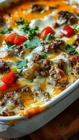 Low carb Philly cheesesteak casserole with melted cheese and savory beef.