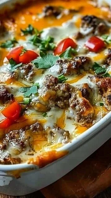 Low carb Philly cheesesteak casserole with melted cheese and savory beef.