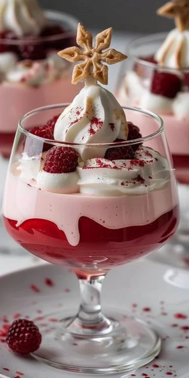 Lychee Mousse with Meringues 3 Lychee mousse dessert with meringues on top served in a glass bowl.