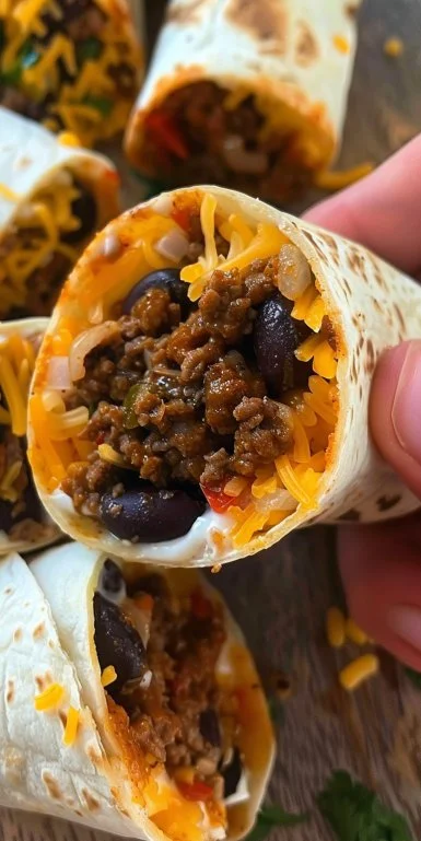 Mexican-inspired Beef Burritos 3 A plate of delicious Mexican-inspired beef burritos filled with ingredients.