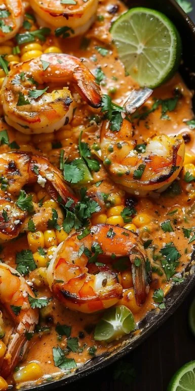 Mexican street corn with shrimp and creamy feta cheese sauce served on a plate.