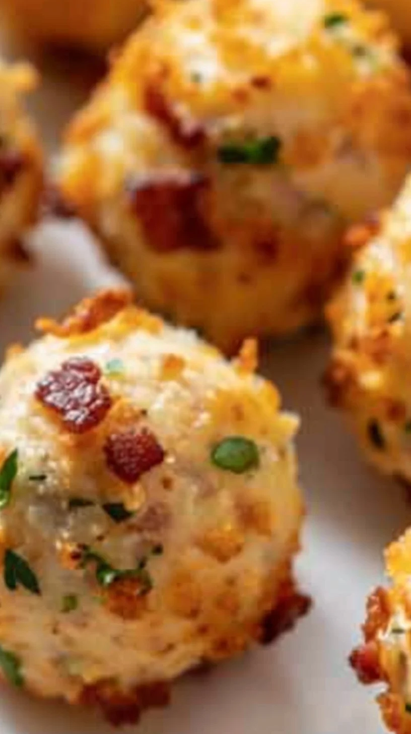 Mini Bacon Ranch Cheeseballs 3 Mini Bacon Ranch Cheeseballs served on a platter