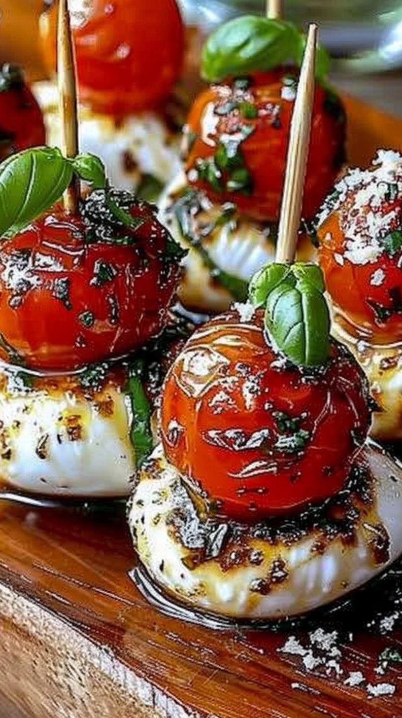 Mini Caprese Bites 3 Plate of mini Caprese bites with mozzarella, basil, and cherry tomatoes