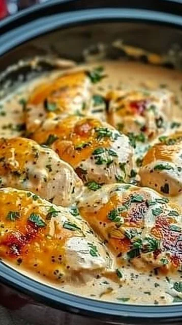 Creamy ranch chicken served from a CrockPot, garnished with herbs and spices.