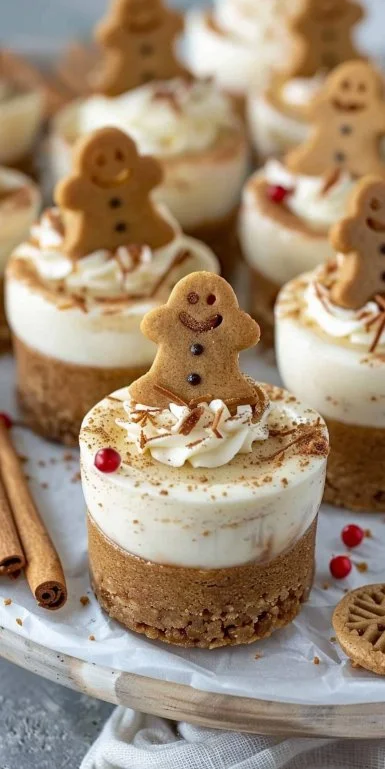No-Bake Gingerbread Cheesecake Cups 3 No-bake gingerbread cheesecake cups topped with whipped cream and spices