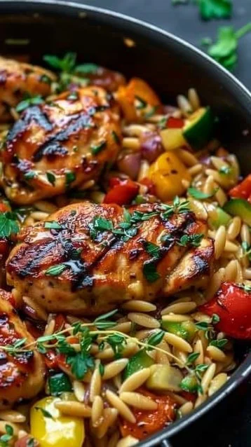 One-pan balsamic chicken orzo served with herbs and garnishes