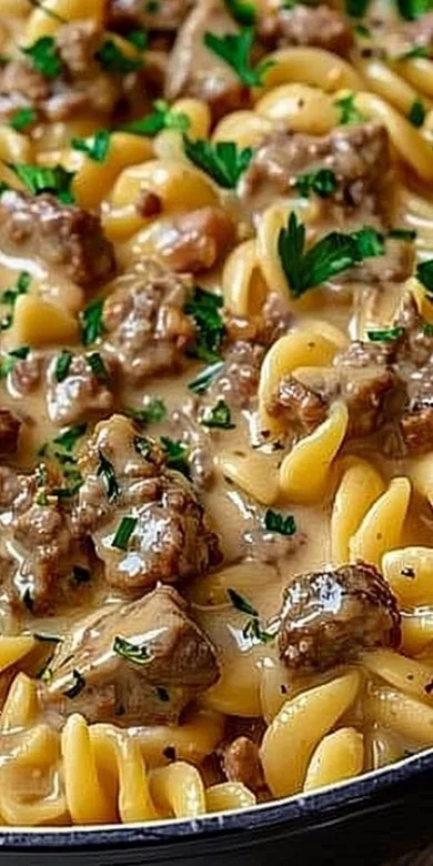 One Pot Beef Stroganoff 3 One Pot Beef Stroganoff served in a skillet with noodles and beef chunks