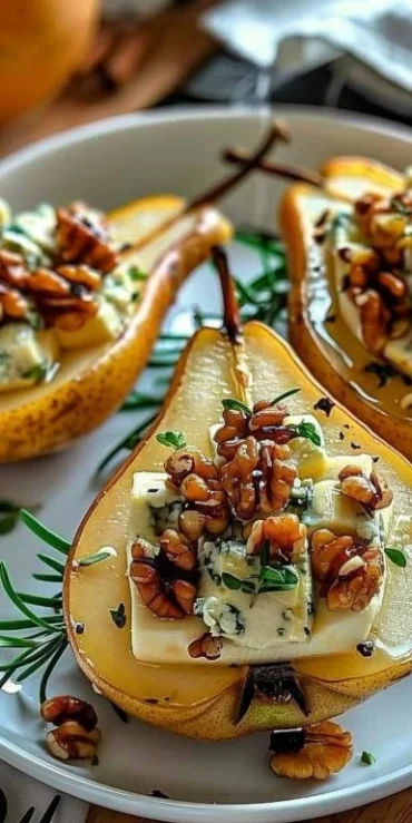 Delicious Pear and Blue Cheese Salad garnished with nuts and greens