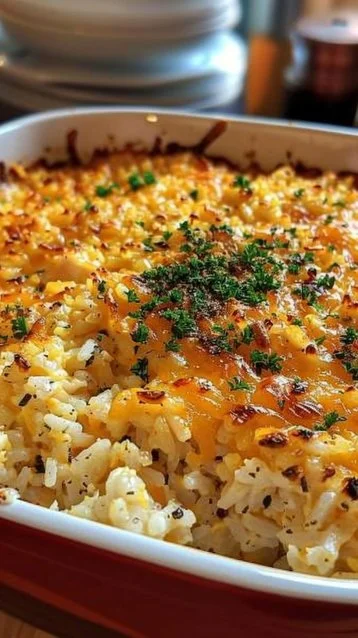 Delicious pioneer woman chicken rice casserole in a baking dish
