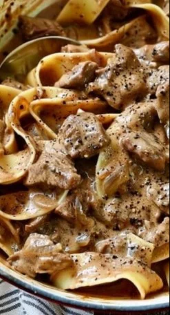 Pioneer Woman Slow Cooker Beef Stroganoff served in a bowl with noodles