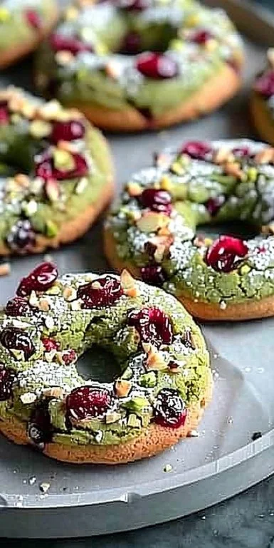 Pistachio Cranberry Wreath Cookies 3 Pistachio Cranberry Wreath Cookies showcased on a decorative plate.