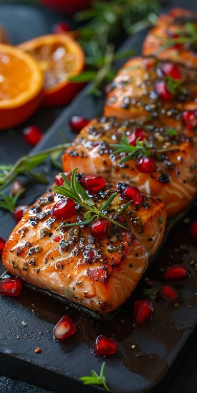 Pomegranate and Orange Glazed Salmon 3 Pomegranate and Orange Glazed Salmon served with fresh herbs