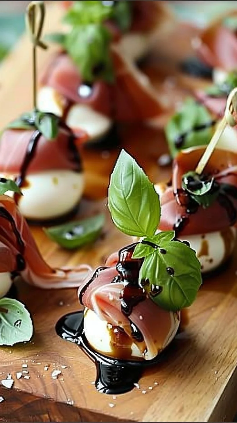 Prosciutto Wrapped Mozzarella Bites 3 Prosciutto wrapped mozzarella bites on a platter