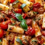 Plate of rigatoni with sausage, tomatoes, and zucchini in a rich sauce