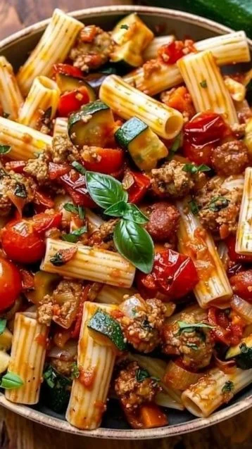 Rigatoni with Sausage, Tomatoes, and Zucchini 3 Plate of rigatoni with sausage, tomatoes, and zucchini in a rich sauce