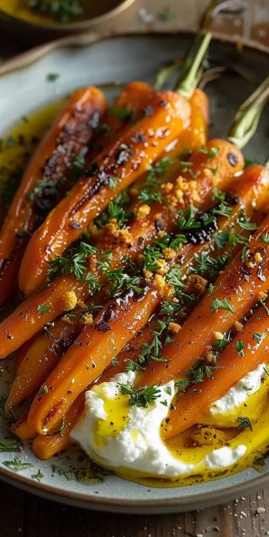 Roasted Carrots with Whipped Ricotta and Hot Honey Recipe 3 Plate of roasted carrots with whipped ricotta and hot honey garnish