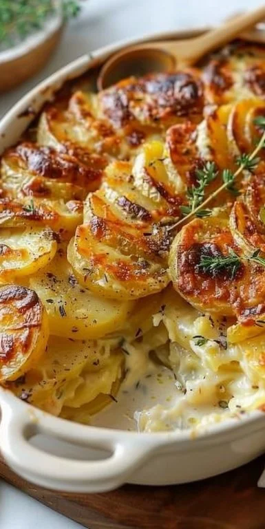 Scalloped Potatoes 3 A delicious serving of scalloped potatoes topped with melted cheese and herbs