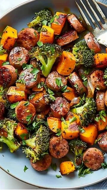 Sheet pan meal featuring sausage and sweet potatoes with honey garlic sauce