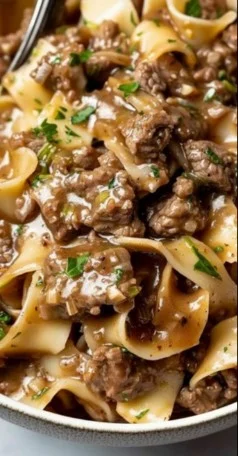 Delicious Simple Beef and Noodles dish served in a bowl