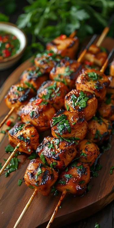 Skewers (Puerto Rican Chicken Skewers) 3 Delicious Puerto Rican chicken skewers grilled to perfection, served with vibrant veggies.