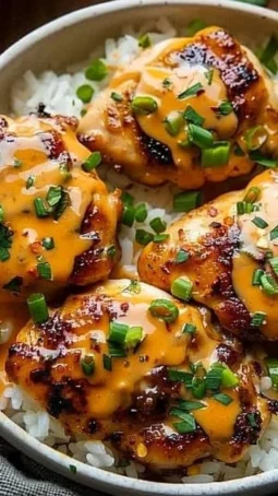 Skillet Bang Bang Chicken Thighs garnished with green onions and spices
