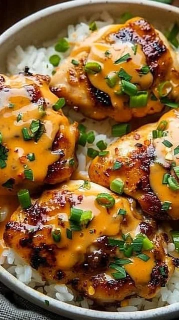 Skillet Bang Bang Chicken Thighs garnished with green onions and spices