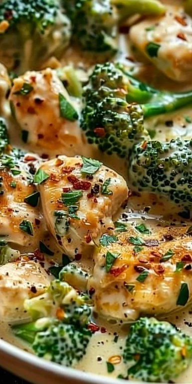 Slow Cooker Chicken Alfredo with Broccoli served in a bowl