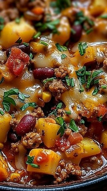 Slow Cooker Cowboy Casserole with ground beef, beans, and corn