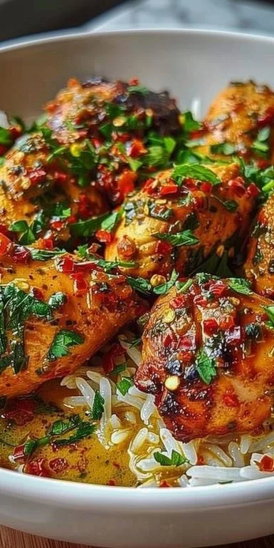 Slow cooker garlic butter chicken served with herbs and vegetables.