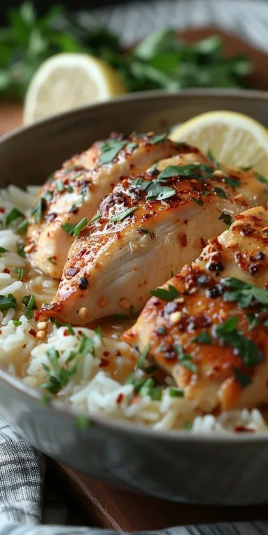 Delicious slow cooker lemon herb chicken served with rice